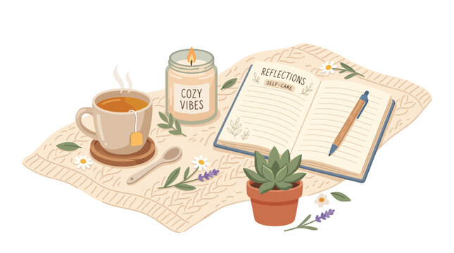 Cozy self care routine with tea candle and journal for reflections and relaxation