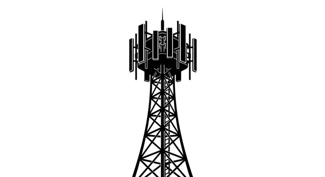 Cell tower with antenna array black and white silhouette telecom cellular mast array signal communication
