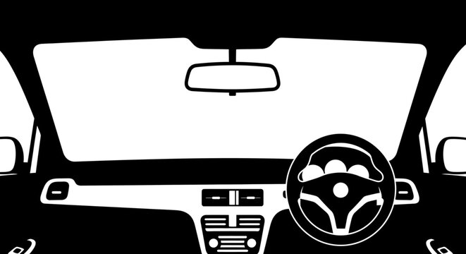 Car dashboard interior view simplified graphic style black and white silhouette automobile vehicle steering wheel wheel