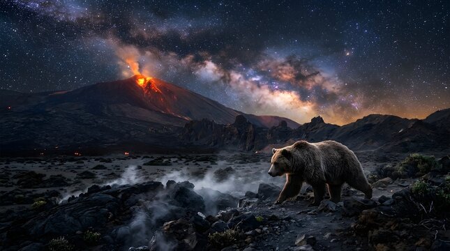 Grizzly bear walking across volcanic terrain under a milky way galaxy and erupting volcano with wildlife eruption landscape nocturnal