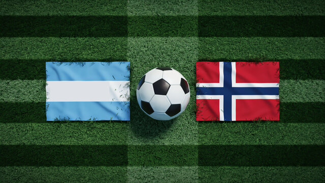 Argentina vs norway football match flag and soccer ball on green field