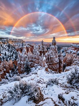 Double rainbow over snowy canyon rock formations at sunset with landscape outdoors wilderness national formation beautiful colorful