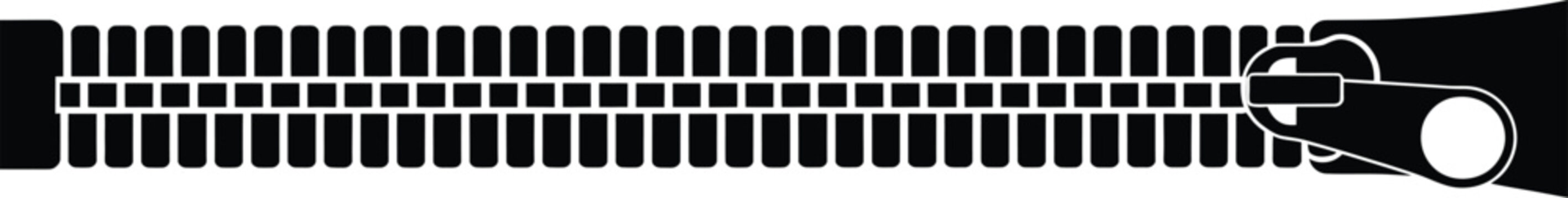 Black and white of a partially open zipper with a pull tab closed fastener
