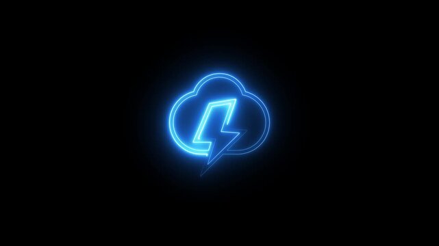 Neon blue lightning cloud icon animation isolated on black background weather digital sign.