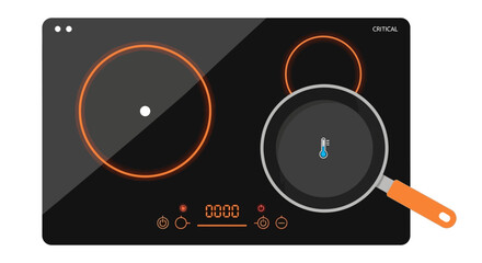 Naklejka premium Top View Illustration of a Modern Induction Stovetop with Frying Pan and Digital Temperature Controls