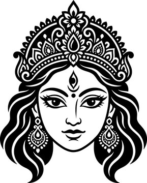 Goddess Durga Face Illustration Black and White Vector Art