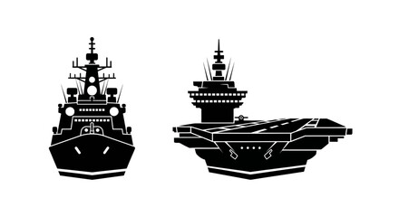 Two naval warships a destroyer and aircraft carrier in black silhouette ship vessel navy warship © Lsg 21