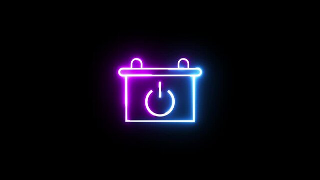 Neon battery power button symbol glowing on black background with pink and blue gradients.