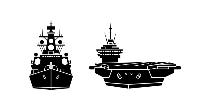 Two naval warships a destroyer and an aircraft carrier depicted as a black silhouette ship
