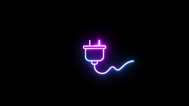 Neon glow effect moving around electric plug icon with black background seamless loop.