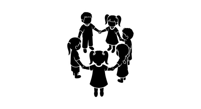 Children holding hands in a circle black silhouette against a white background silhouette kids group