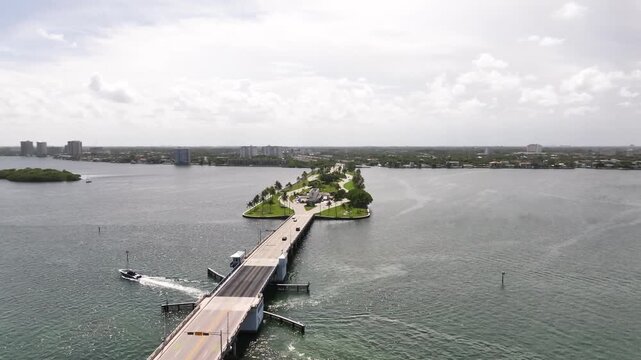  Aerial View of Bridge Crossing to Keystone Island Miami Florida Over Biscayne Bay on Overcast Day&rdquo;
