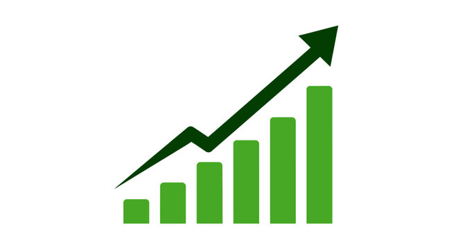 Green bar graph with rising arrow flat vector silhouette chart diagram bars columns growth increase