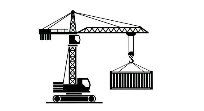 Construction crane lifting a shipping container black and white silhouette container transport industry machinery equipment