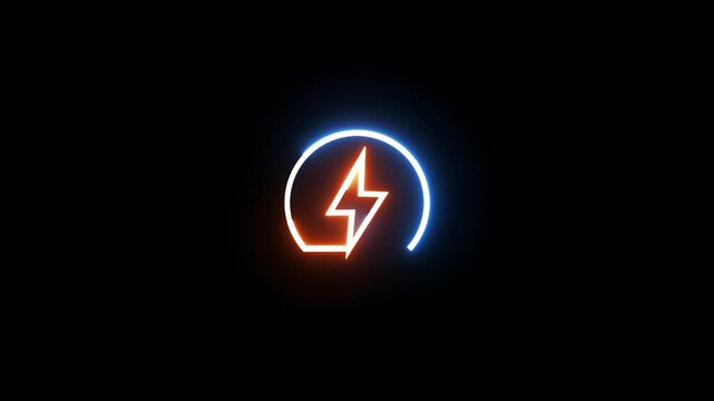 Neon energy symbol with lightning inside circle in motion glowing on black background.