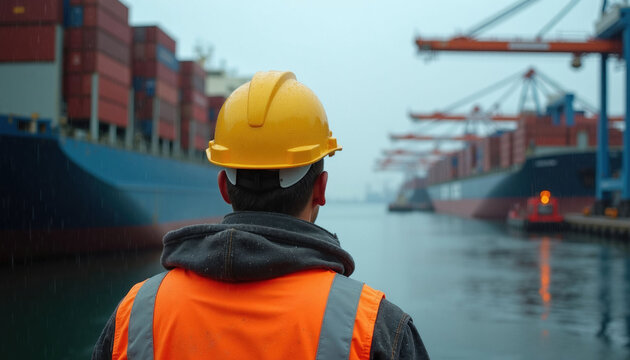 Engineer wearing yellow hard hat, orange vest looks at busy container terminal. Pro manager monitors massive cargo ship loading process in international seaport. Industrial harbor logistics operation