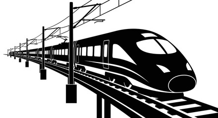 A sleek high speed train travels along the tracks in a black silhouette railroad locomotive transport © Lsg 21