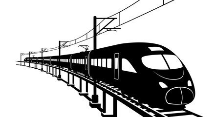 A sleek passenger train traveling on tracks depicted as a black silhouette railroad locomotive transportation © Lsg 21