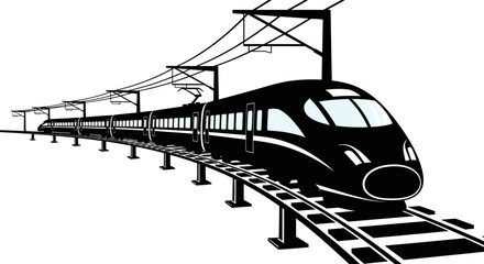 A sleek black train travels along railway tracks depicted as a bold silhouette railroad locomotive © Lsg 21