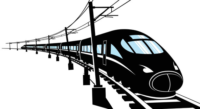 Modern passenger train with electrical lines black and blue vector silhouette railroad railway transportation vehicle