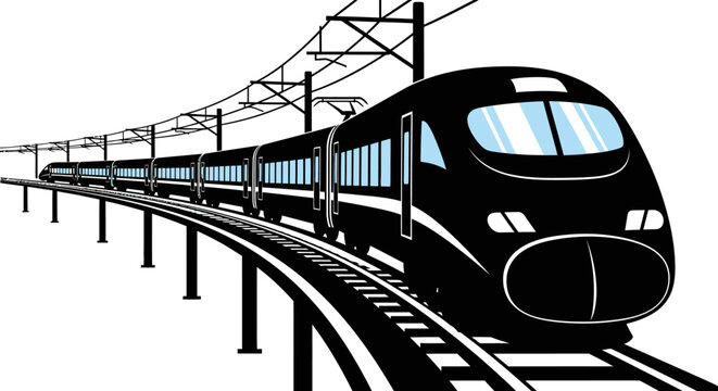 Modern passenger train traveling on tracks depicted as a black silhouette railroad locomotive transportation travel