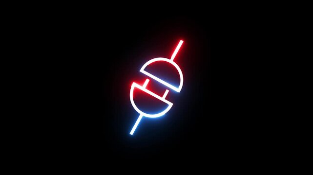 Neon electric plug icon with flickering blue and red glow for technology motion background.