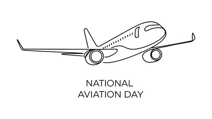Minimalist black line drawing of airplane in flight with text National Aviation Day, aviation celebration vector illustration for aerospace innovation, travel, and holiday themes © VectAmaze