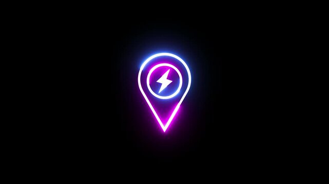 Neon electric charging station map pin glowing with vibrant magenta and cyan light colors.