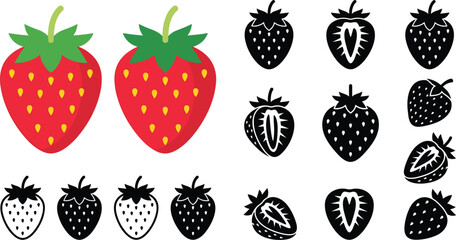 Strawberry vector icons set featuring red flat design fruits whole black silhouettes halves cuts and stylized berry elements © MAHIYA AKTER