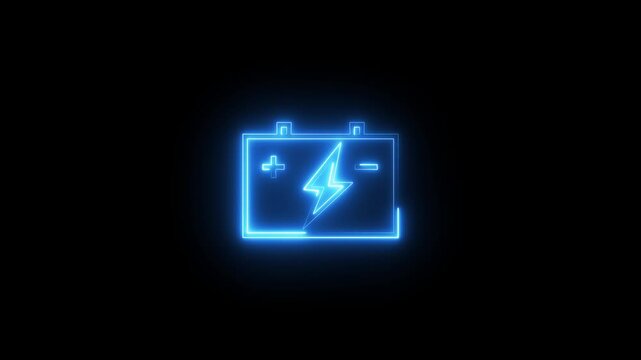 Neon blue battery icon with glowing lightning bolt symbol animation on dark black background.