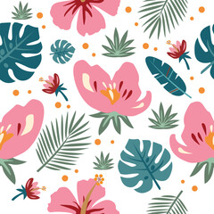 Tropical seamless pattern with exotic hibiscus flowers and palm leaves on white background © Olena