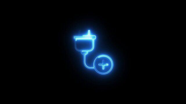 Neon blue electric plug icon with plus sign pulsating on dark background digital motion.