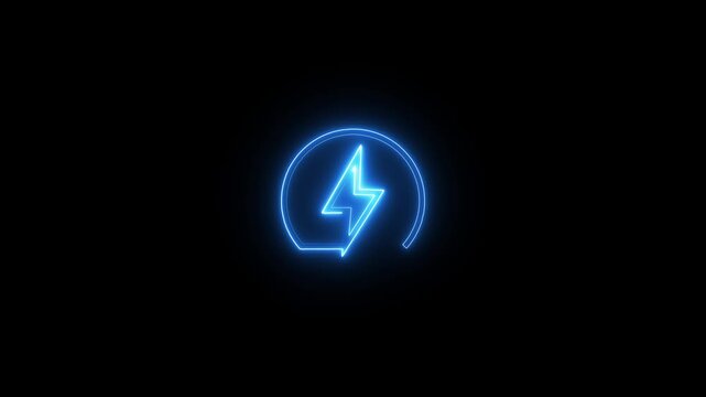 Neon blue lightning bolt icon animation inside glowing circle shape on dark black background.