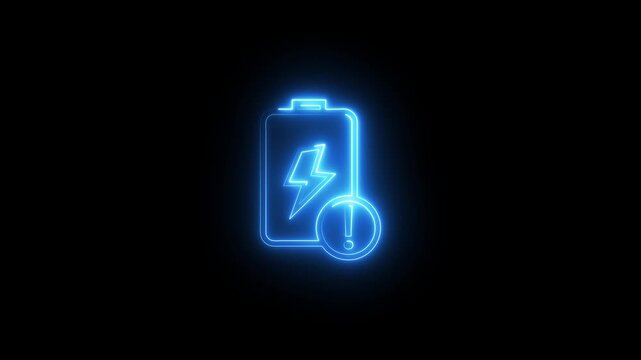 Neon blue glowing low battery indicator symbol flickering on black background motion clip.