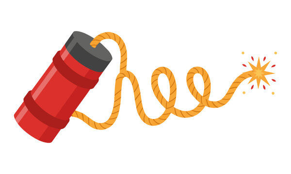 Stylized red dynamite stick with a long winding fuse and a bright spark isolated on a white background, minimal design concept