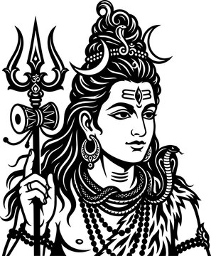 Lord Shiva Illustration with Trishula and Crescent Moon Black and White Vector Art