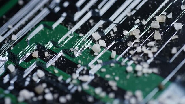 Close-up printed circuit board surface with silver traces, green solder mask islands, off-white crystalline debris, glossy reflections, cool directional light, fine industrial texture