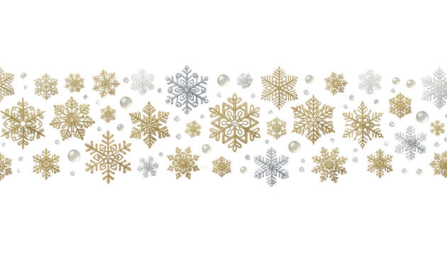 Vintage snowflake border on white background, gold and silver glitter winter ornament pattern, festive holiday decoration PNG
