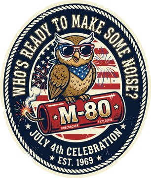 Patriotic Owl with M80 Firecracker July 4th Celebration Vector Emblem
