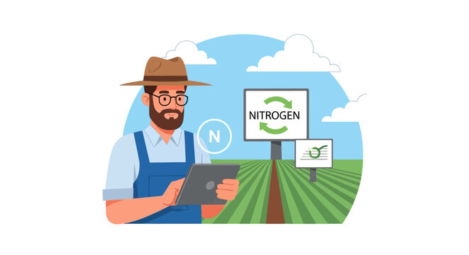 Modern Farmer Using Digital Tablet to Monitor Nitrogen Levels and Crop Health for Precision Agriculture and Sustainable Soil Management
