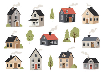Naklejka premium Modern Nordic Cottage Repeat Pattern with Pastel Homes Trees and Simple Rustic Style