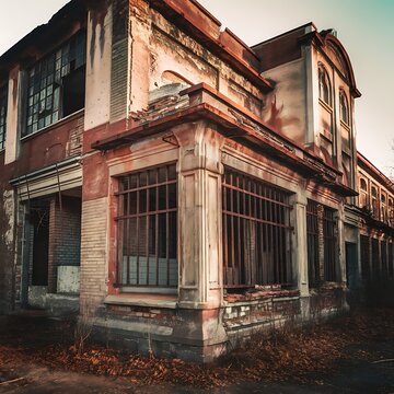 Distressed Facade of an Old Red Brick Building with Wrought Iron Balconies.