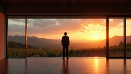 Obraz premium Man in suit stands by large window overlooking vineyard hills at sunset. Modern home interior with warm golden light reflection on floor. Peaceful view of nature and countryside.