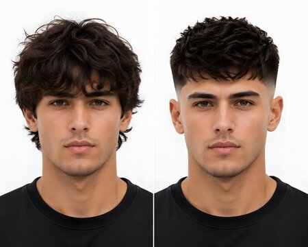Before and after transformation with modern low taper fade and textured top men's haircut