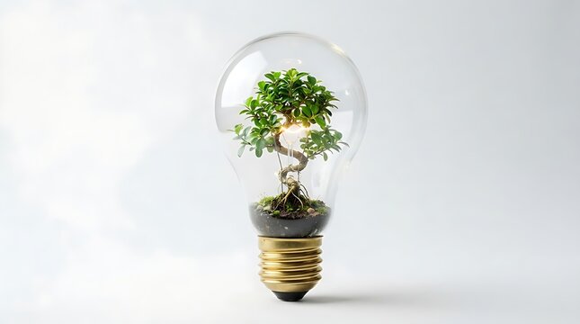 Small Green Bonsai Tree Growing Inside Transparent Glass Light Bulb