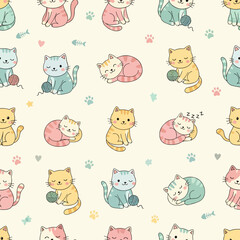 Obraz premium Pastel Cat Nursery Print Featuring Cozy Sleeping Kittens and Adorable Yarn Ball Toys