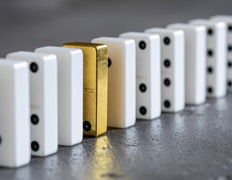 Golden Domino Among White Dominoes. Business Differentiation Concept