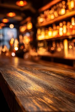 Bar counter with a wooden surface and shelves filled with bottles at night