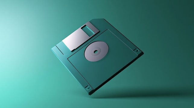 Turquoise floppy disk floating over a gradient green background, symbolizing outdated digital data storage, computer history, and a modern take on vintage technology