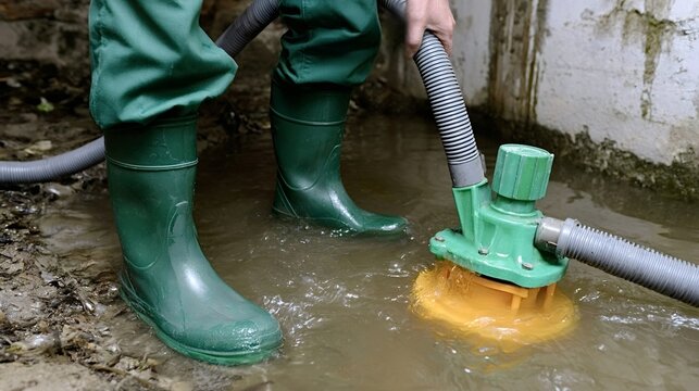 Person wearing green boots and overalls standing in flood water, using a submersible pump with a hose to remove excess water from a damaged, dirty basement or utility area after a disaster
